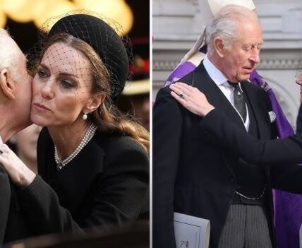 At the recent royal funeral, the public witnessed a heart-melting moment: Kate Middleton firmly held King Charles’ hand in the solemn crowd. Under the gloomy sunlight, King Charles’ eyes were distant, but when looking at Kate, it seemed that the loneliness was shared through the gentle grip. Kate then bowed silently, leaning her shoulder as if to protect the king – a small action that exuded a promise being sent. Many people present said that they trembled when they realized that this was not just a civil reception, but a chorus of mutual support in grief. The media lenses continuously captured the moment of exchanging glances, small smiles, and silent nods – like words without words. Fans posted blurry photos, writing captions: “Father and son don’t need words to understand each other.” But what made people more curious was the reaction inside the palace: a royal insider was later heard saying that Kate “was always a light” in the darkest hours. Was the handshake just a gesture of comfort, or a public pledge of unprecedented solidarity between Kate Middleton and King Charles during this tumultuous time?