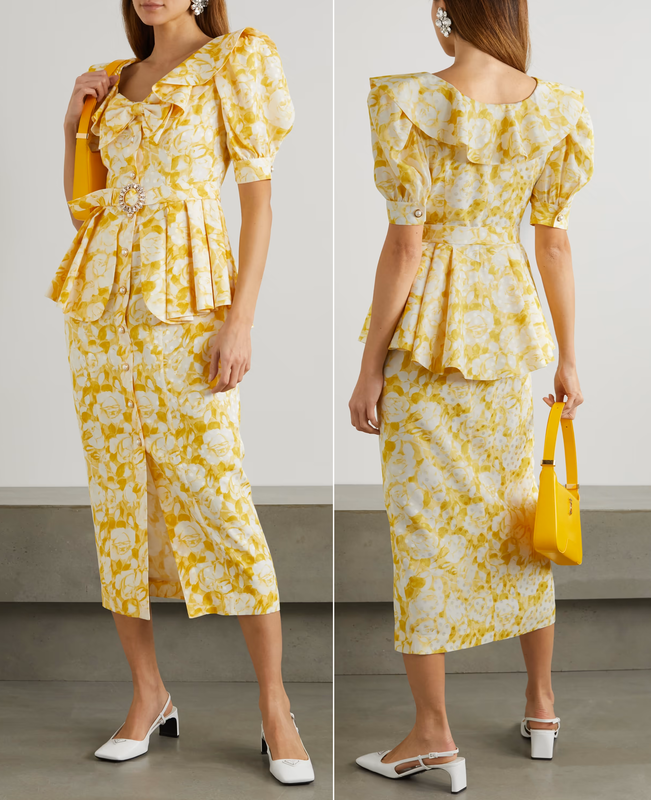 Alessandra Rich Belted floral-print silk-jacquard peplum midi dress in yellow