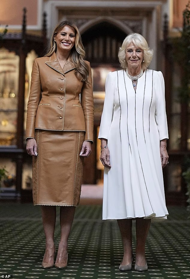 Melania Trump and Queen Camilla visit the Royal Library at Windsor Castle this morning