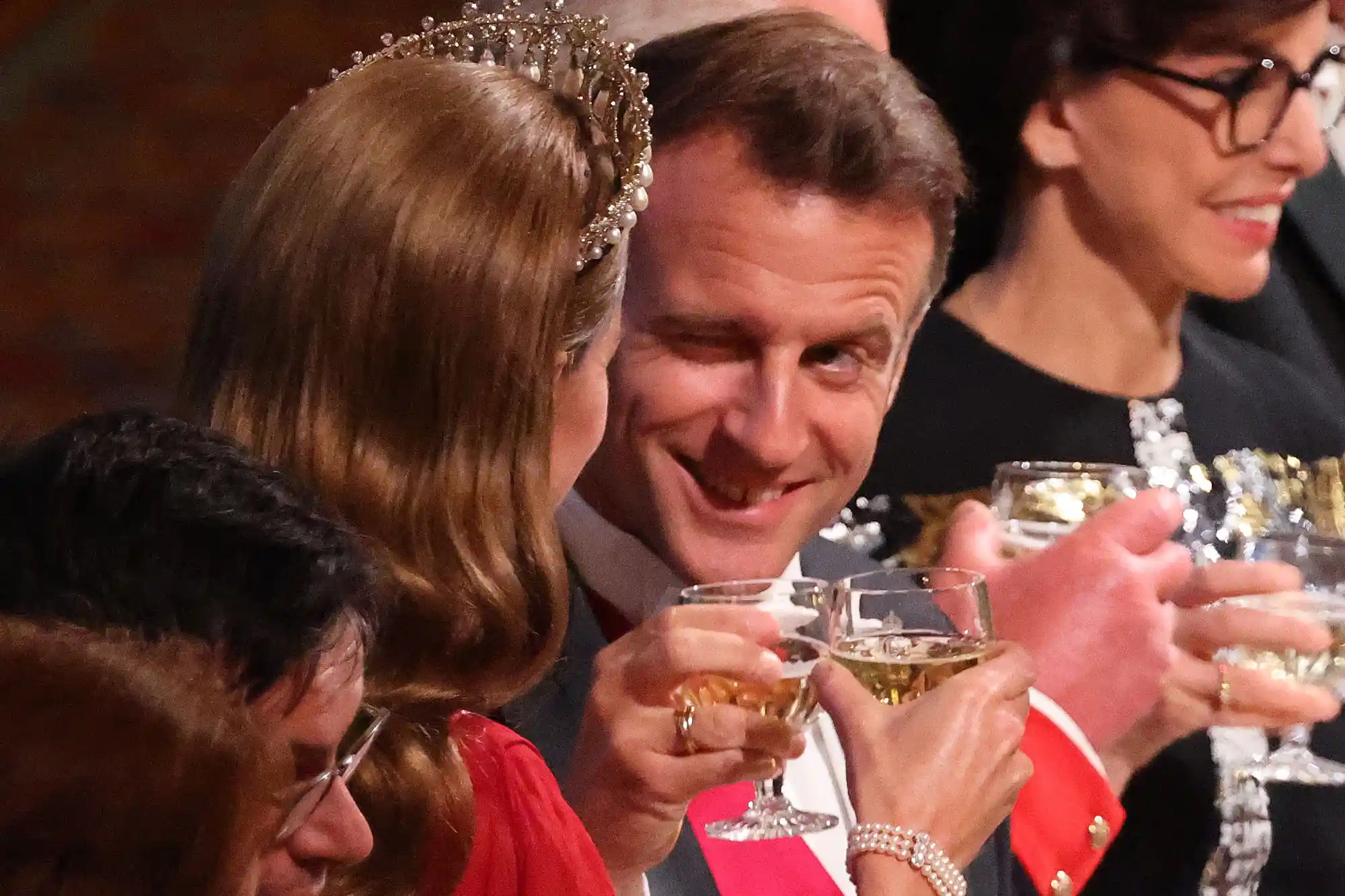 France's President Emmanuel Macron makes a toast with Britain's Catherine, Princess of Wales during a State Banquet at Windsor Castle, west of London, on July 8, 2025,