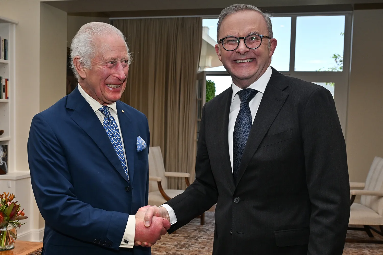King Charles III (L) and Prime Minister Anthony Albanese meet at Parliament House on October 21, 2024, in Canberra, Australia. The King's visit to Australia is his first as monarch, and the Commonwealth Heads of Government Meeting