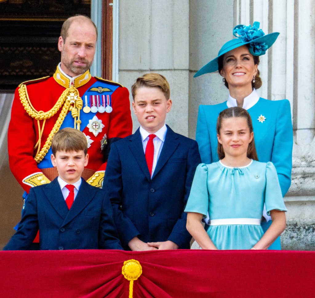 Prince William of Wales, Catherine Princess of Wales, Prince George, Princess Charlotte, Prince Louis during appearance on the Buckingham Palace balcony to watch the flypast during Trooping the Colour 2025 ceremony, marking the monarch's official birthday in London.