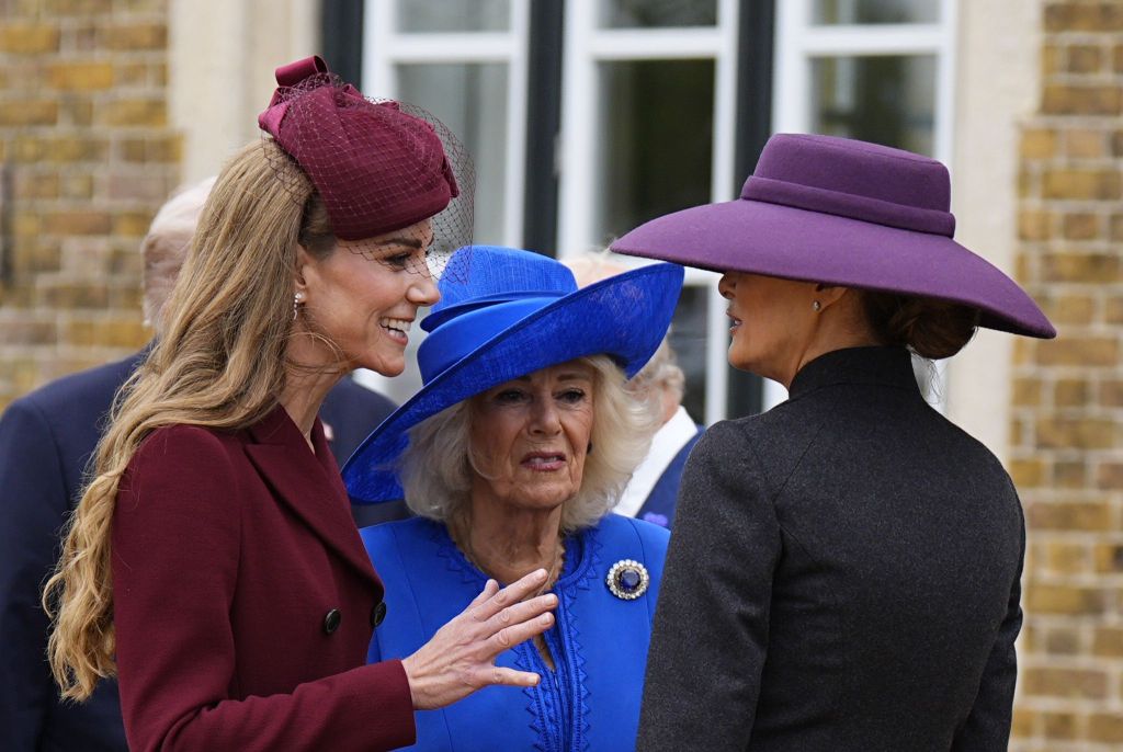The Princess of Wales, Queen Camilla, and Melania Trump conversing at Windsor Castle.