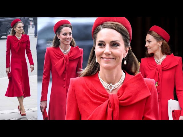 Princess Catherine Stuns in red as she joins Prince William for  Commonwealth Day service - YouTube