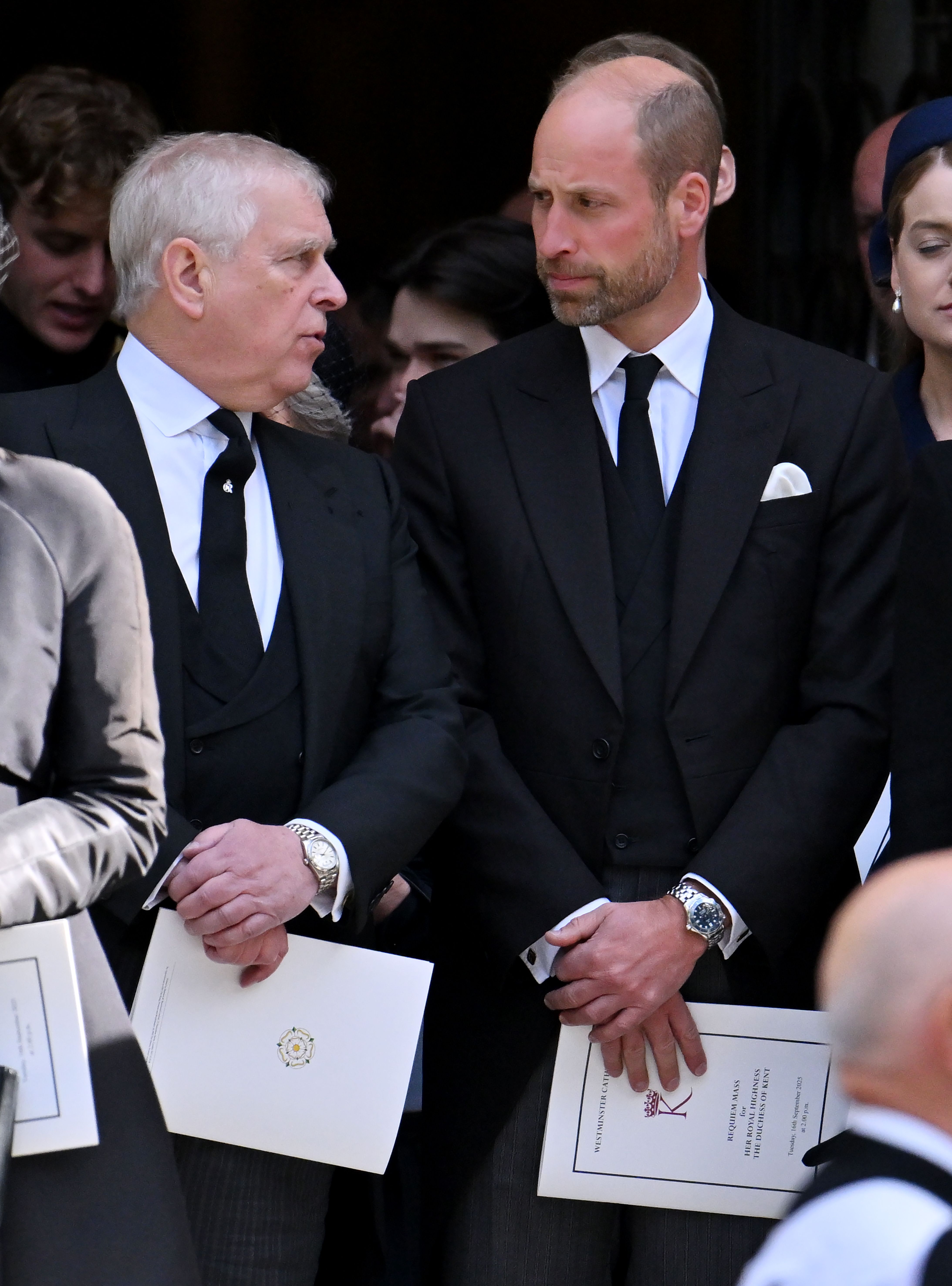 Prince Andrew looking at Prince William at Duchess of Kent's funeral