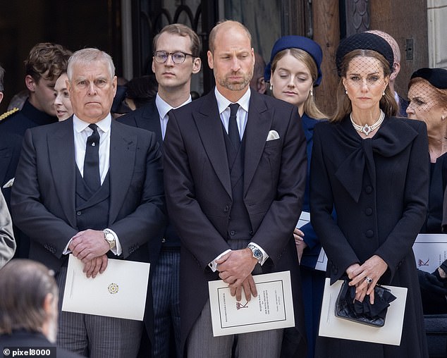 Andrew Mountbatten Windsor is pictured with the Prince and Princess of Wales at the Duchess of Kent's funeral in September - William was said to be 'furious' at his uncle's unexpected appearance