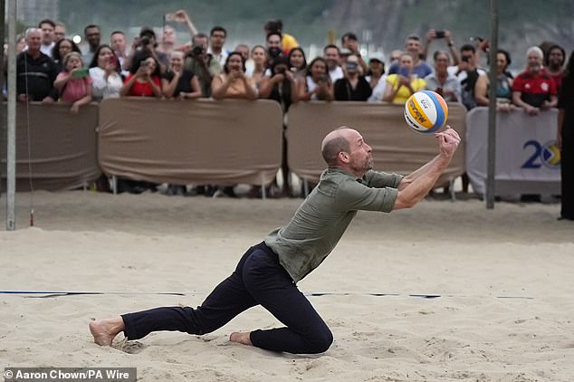 William also impressed onlookers with his physique as he played volleyball on Copacabana beach alongside Olympic star Carolina Solberg