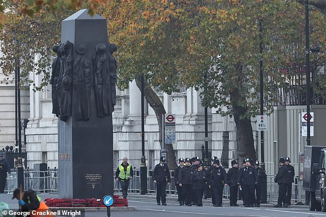 Preparations were seen taking place for the Remembrance Sunday service in Whitehall today