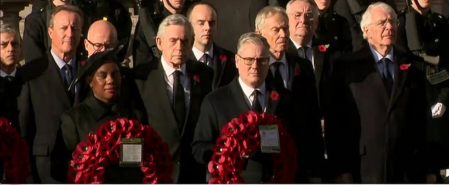 Prime Ministers past and present, including David Cameron, Tony Blair and Gordon Brown, paid their respects as they lined up by the Cenotaph
