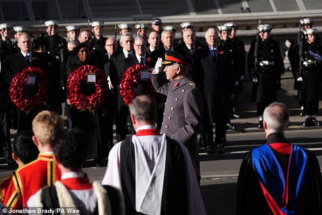 King Charles III during the Remembrance Sunday service at the Cenotaph in London