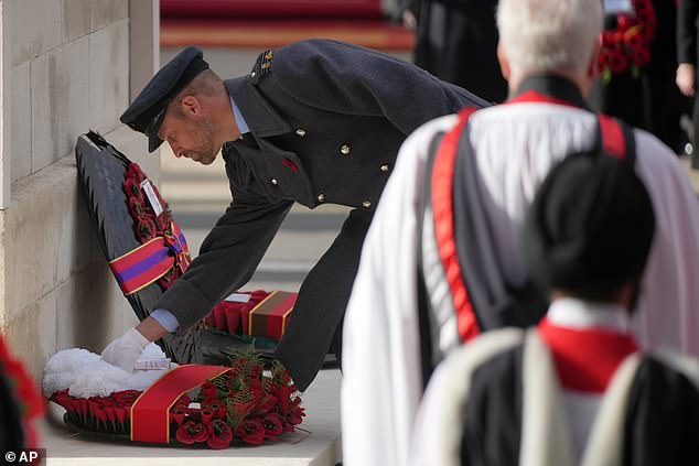 William lays a wreath shortly after his father, King Charles, did the same at the Cenotaph