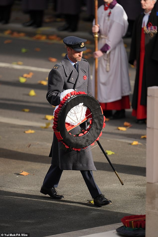 The Prince of Wales lays a wreath during the Remembrance Sunday service