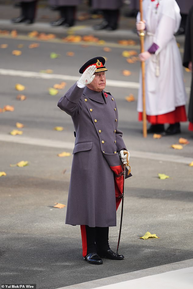 King Charles stared solemnly as he saluted in front of the Cenotaph to mark Remembrance Day
