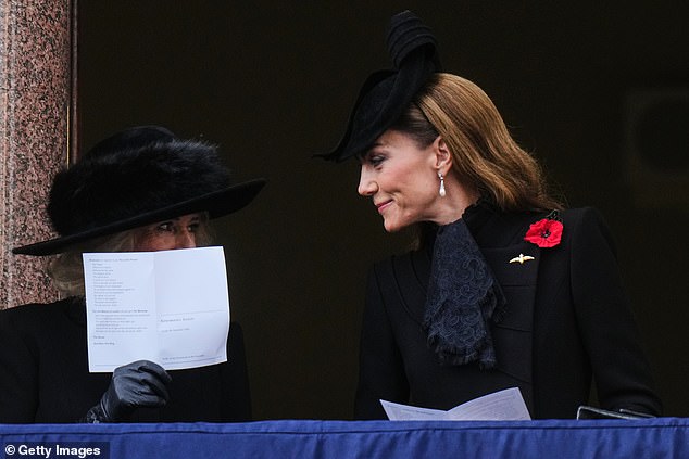 Queen Camilla and Catherine, Princess of Wales chat together during the Remembrance Sunday ceremony