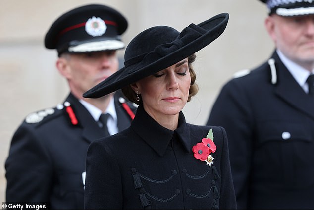 The Princess of Wales appears moved at the Armistice Day Service today