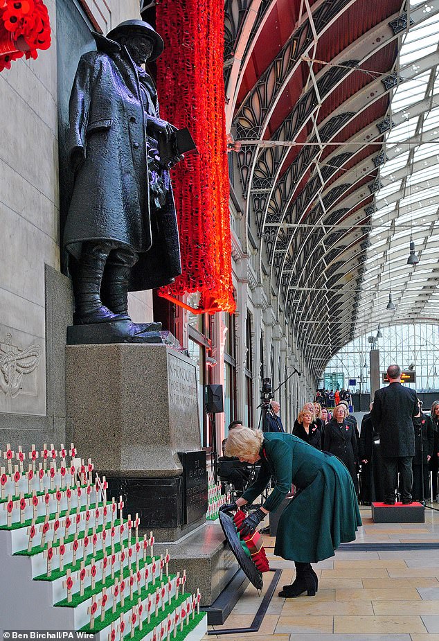 Camilla lays a wreath at London Paddington train station as part of the Great Western Railway 'Poppies to Paddington' event