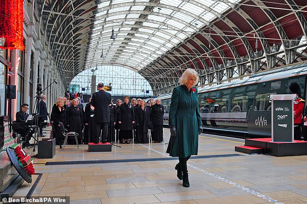 Camilla wears a dark green coat to the memorial service in Paddington, London