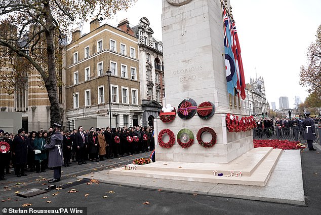 A view of wreaths of poppies during the Western Front Association's Armistice Day ceremony at the Cenotaph in Whitehall, central London, today