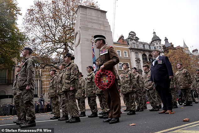 Members of the UK Armed Forces during the Western Front Association's Armistice Day ceremony at the Cenotaph in Whitehall
