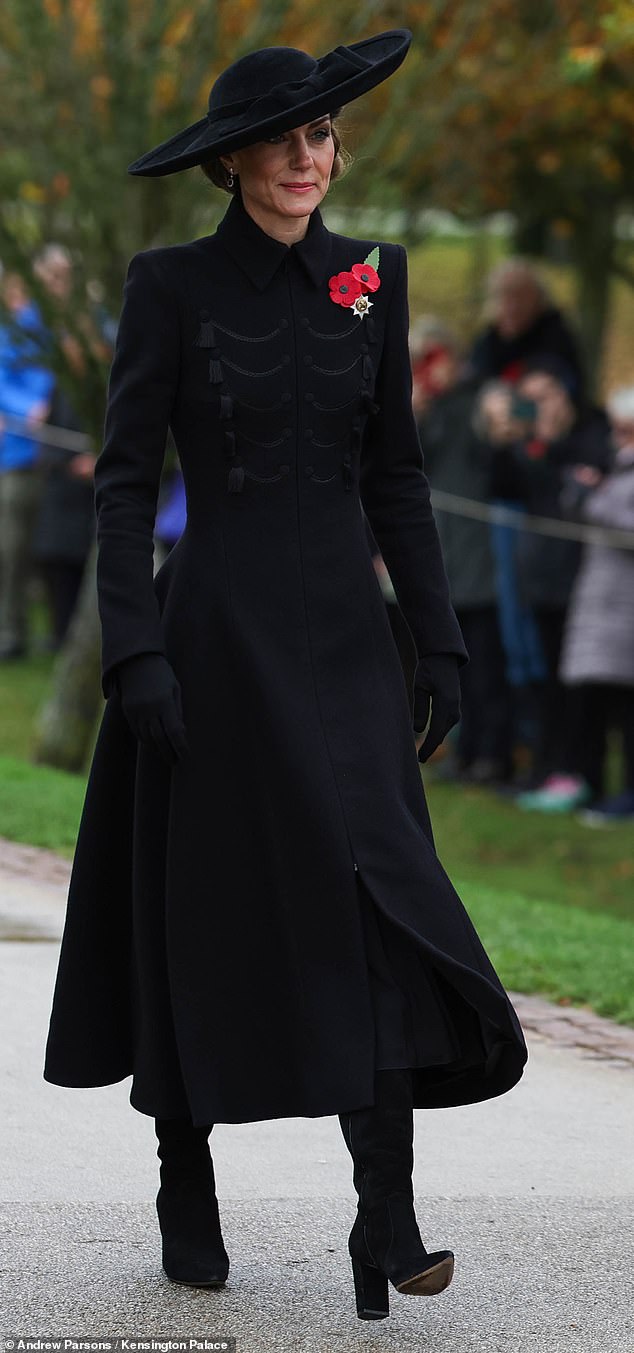 Kate pairs her all-black look with a stylish pair of suede, pointed boots
