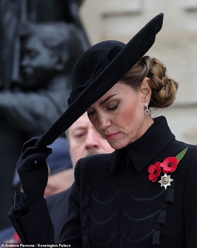 The Princess holds onto her hat during the service on Armistice Day on November 11