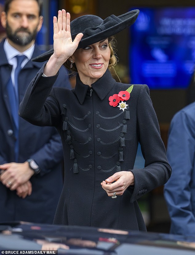 The Princess of Wales gives a wave to the crowd as she leaves the service this afternoon