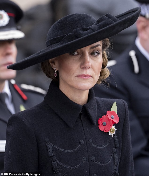The Princess of Wales looks deep in thought as she pays her respects to those who fought and lost their lives in conflict