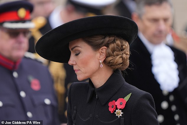 The Princess of Wales looks down as she attends the Service of Remembrance today