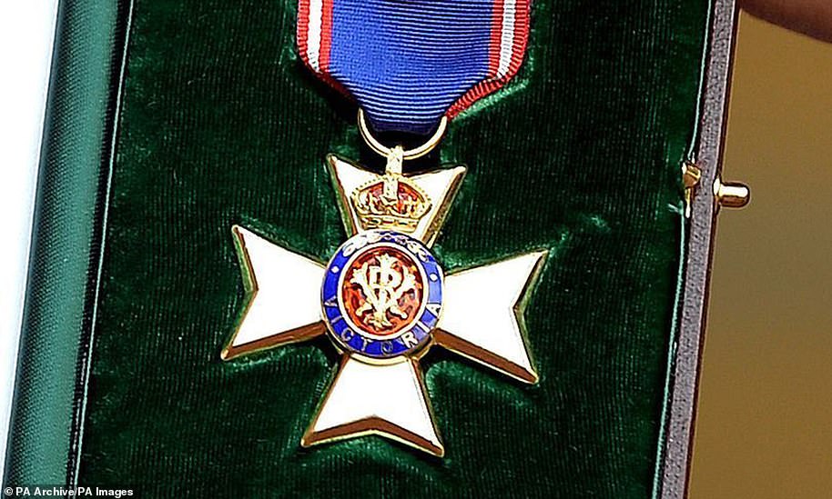 The Royal Victorian Order, one pictured, is a Maltese cross surrounded by a blue ring