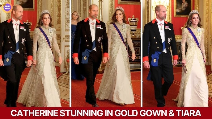 Princess Catherine WOWS in Gorgeous Gold Gown, Tiara & Golden Hair at State Banquet! - YouTube