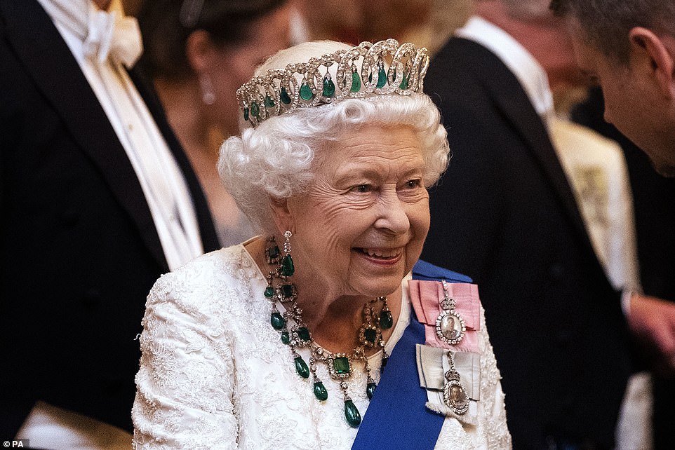 The Queen selected her elegant Grand Duchess Vladimir Tiara for the occasion, customising the piece with added emeralds