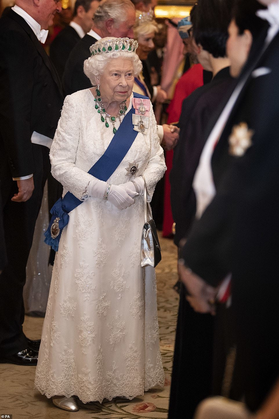The Queen appeared charmed while she spoke with guests at the evening reception for members of the Diplomatic Corps at Buckingham Palace