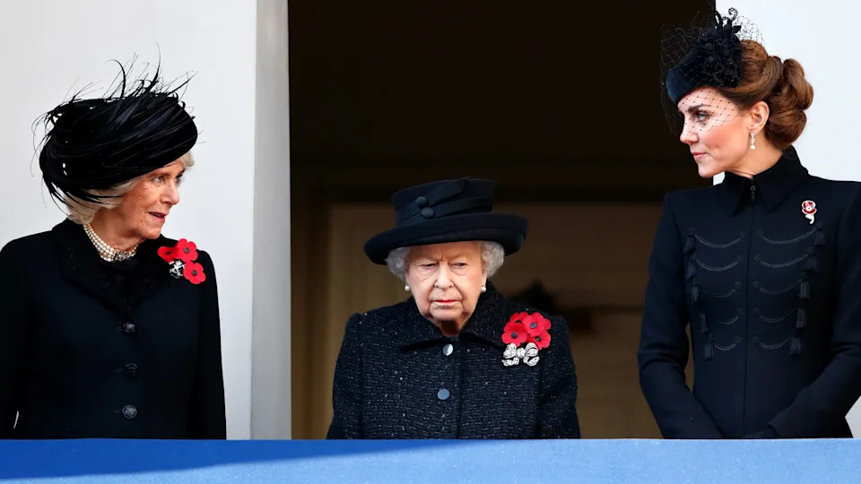 Queen Camilla, Queen Elizabeth II and Catherine, Princess of Wales attend the annual Remembrance Sunday service at The Cenotaph on November 10, 2019 in London