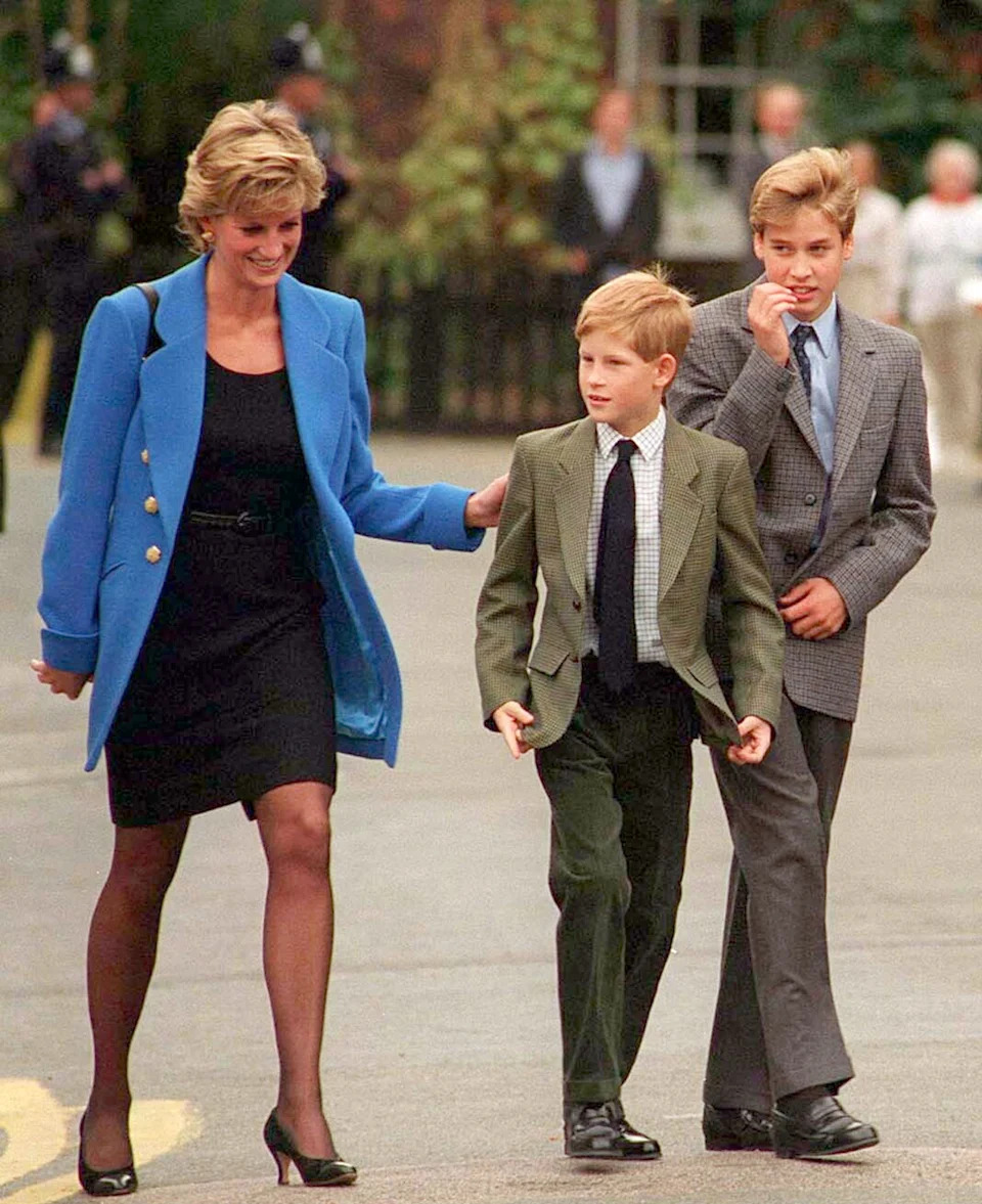 Princess Diana, Prince Harry and Prince William wearing suits on Harry's first day at Eton