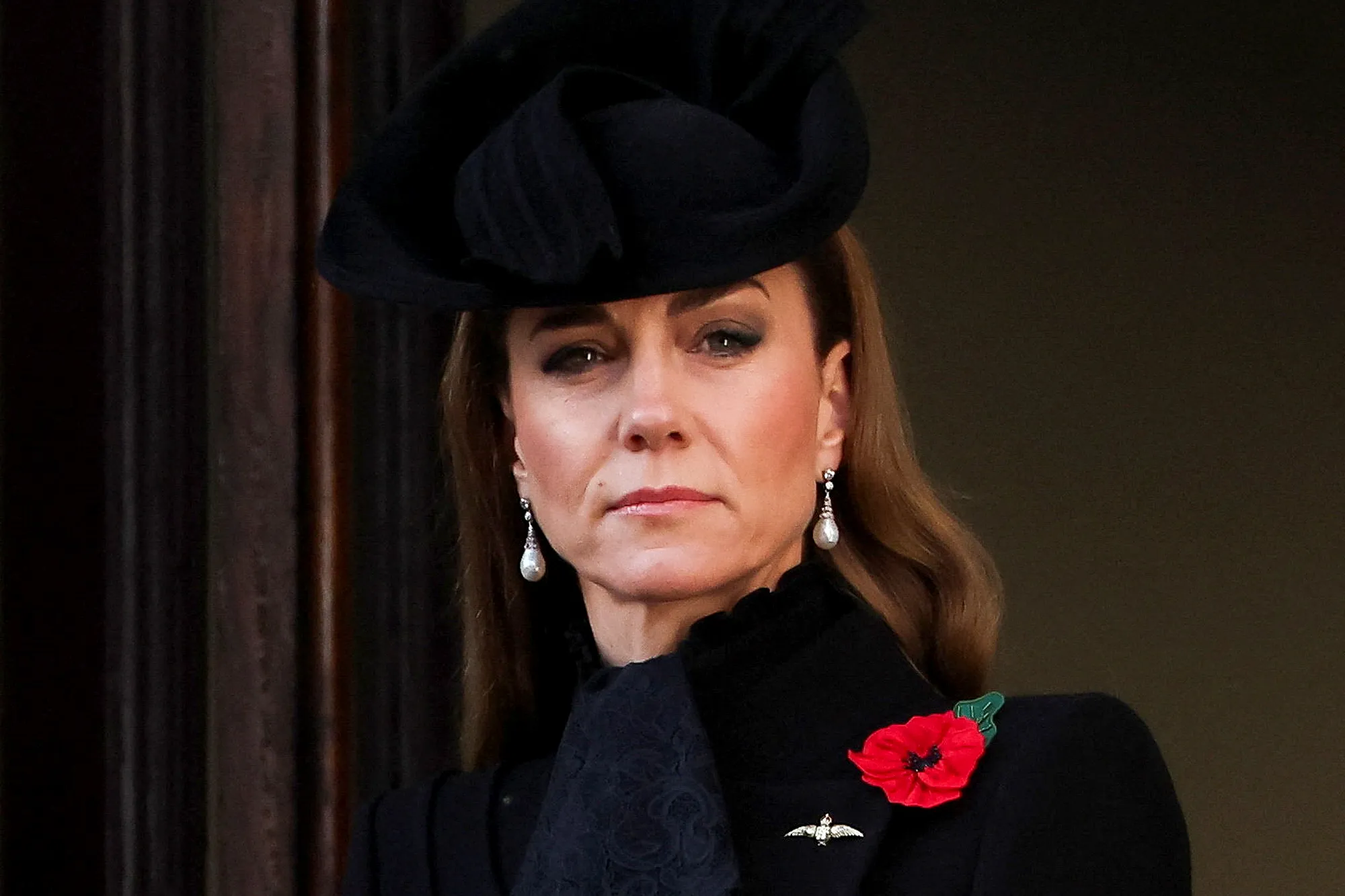 Britain's Catherine, Princess of Wales looks on from a balcony during the annual Remembrance Sunday ceremony at The Cenotaph on Whitehall in London, Sunday Nov. 9, 2025.