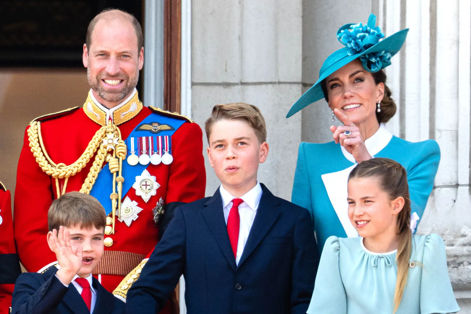 Prince Louis of Wales, Prince William, Prince of Wales, Prince George of Wales, Catherine, Princess of Wales and Princess Charlotte of Wales during Trooping The Colour 2025 on June 14, 2025 in London, England