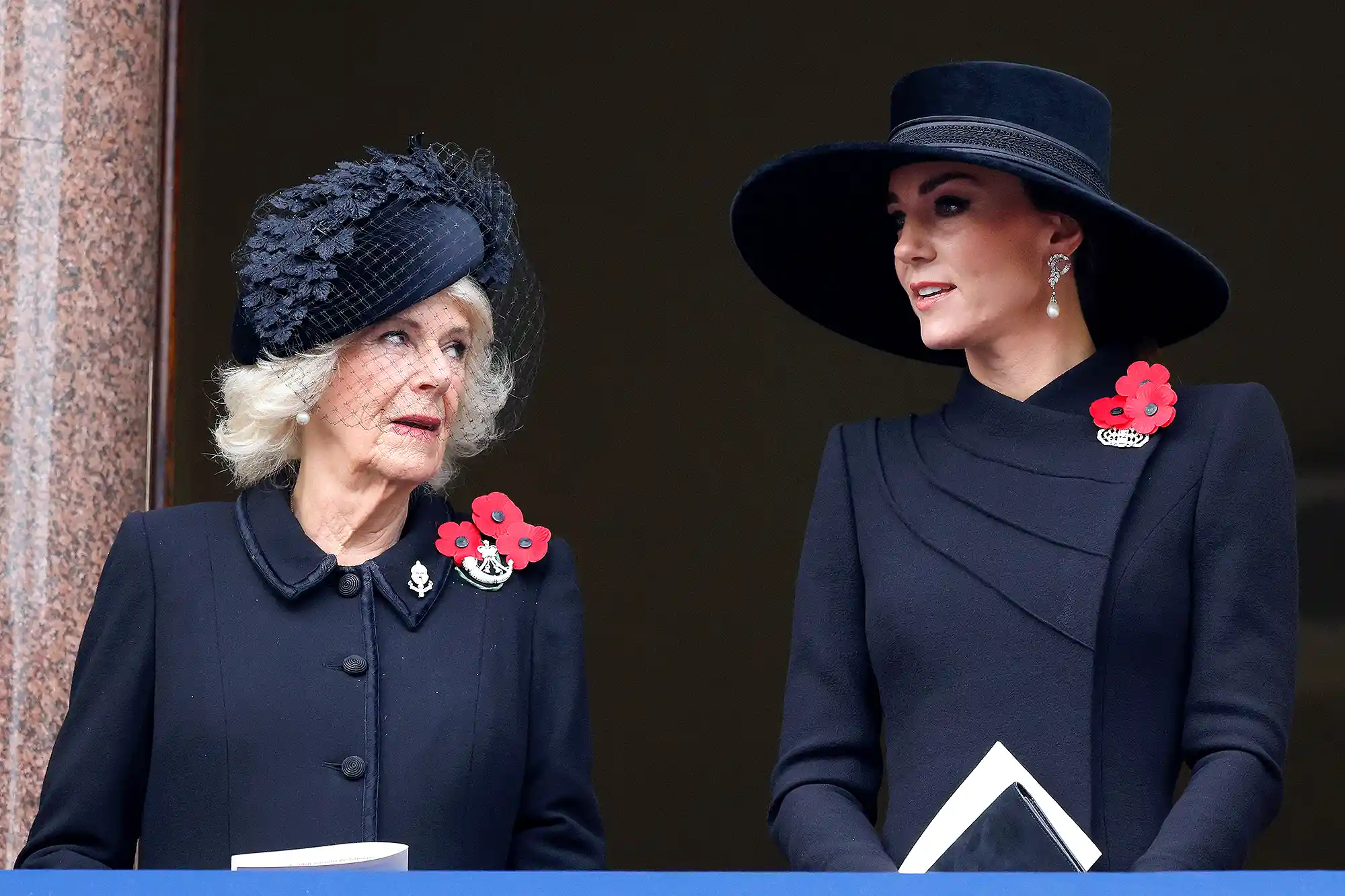 LONDON, UNITED KINGDOM - NOVEMBER 13: (EMBARGOED FOR PUBLICATION IN UK NEWSPAPERS UNTIL 24 HOURS AFTER CREATE DATE AND TIME) Camilla, Queen Consort and Catherine, Princess of Wales attend the National Service of Remembrance at The Cenotaph on November 13, 2022 in London, England.