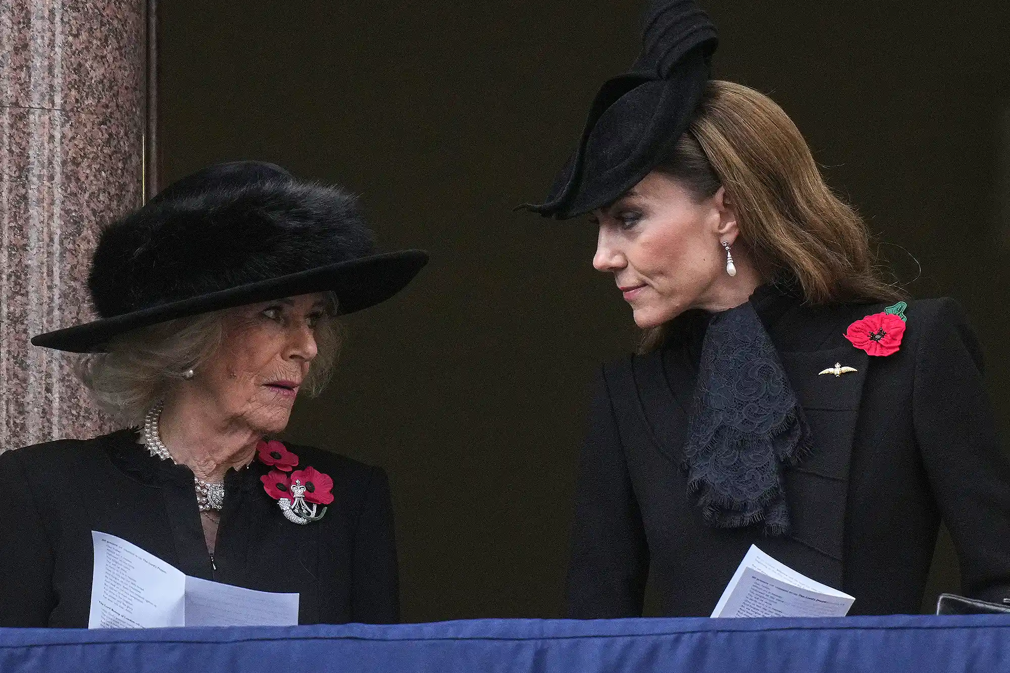 LONDON, ENGLAND - NOVEMBER 9: Britain's Queen Camilla and Catherine, Princess of Wales attend the Remembrance Sunday ceremony at the Cenotaph on Whitehall on November 9, 2025 in London, England. Every year, members of the British Royal Family join politicians, veterans and members of the public to remember those who have died in combat.