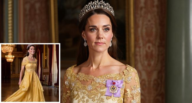 A GOLDEN VISION OF ROYAL GRACE! All that glitters is gold — and tonight, Princess Catherine proved once again why she’s the very definition of modern royal elegance. Stepping into the grand ballroom in a stunning golden lace gown, Catherine shimmered like pure sunlight — her every move a quiet symphony of grace and confidence. The gown’s delicate details caught the light just enough to remind the world that her beauty isn’t just in what she wears, but in how she wears it. Crowning the moment was the iconic Lover’s Knot Tiara — the same dazzling heirloom once worn by Princess Diana — its radiant pearls and diamonds a symbol of love, continuity, and the unspoken connection between generations of royal women. Paired with sparkling diamond earrings and the Royal Family Order pinned proudly on her chest, the look was more than fashion — it was royal storytelling through style. Every element spoke of meaning: the gold for warmth and wisdom, the tiara for legacy, the Family Order for service and devotion. Together, they painted the portrait of a woman who carries both the past and the future with effortless poise. Catherine’s elegance isn’t loud — it whispers. It reminds us that real royalty shines from within