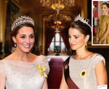 Under the glittering vaults of Windsor Castle, two royal worlds met in a moment that looked more like legend than reality. Princess Catherine appeared in liquid silver, her gown catching every shard of light beneath the weight of the Delhi Durbar Tiara — a £10 million relic once worn by queens who shaped empires. Opposite her, Princess Rajwa of Jordan glowed in gold, crowned with Queen Noor’s diamond tiara, a national treasure of Hashemite history worth over £5 million. Side-by-side, the two women stood as living emblems of legacy — British tradition facing Jordanian grace, each powerful in a different register.  Beside them, Prince William and Crown Prince Al Hussein embodied the quiet diplomacy beneath the spectacle — two heirs, two futures, one message of alliance. But for all the grandeur, the moment that people are still talking about was not the jewels, nor the protocol… it was the split-second exchange between Catherine and Rajwa — a silent, unguarded look that witnesses say changed the tone of the room, and may mean more than anyone yet realises