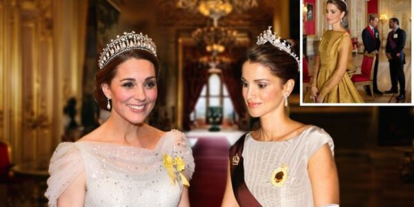 Under the glittering vaults of Windsor Castle, two royal worlds met in a moment that looked more like legend than reality. Princess Catherine appeared in liquid silver, her gown catching every shard of light beneath the weight of the Delhi Durbar Tiara — a £10 million relic once worn by queens who shaped empires. Opposite her, Princess Rajwa of Jordan glowed in gold, crowned with Queen Noor’s diamond tiara, a national treasure of Hashemite history worth over £5 million. Side-by-side, the two women stood as living emblems of legacy — British tradition facing Jordanian grace, each powerful in a different register. Beside them, Prince William and Crown Prince Al Hussein embodied the quiet diplomacy beneath the spectacle — two heirs, two futures, one message of alliance. But for all the grandeur, the moment that people are still talking about was not the jewels, nor the protocol… it was the split-second exchange between Catherine and Rajwa — a silent, unguarded look that witnesses say changed the tone of the room, and may mean more than anyone yet realises Under the glittering vaults of Windsor Castle, two royal worlds met in a moment that looked more like legend than reality. Princess Catherine appeared in liquid silver, her gown catching every shard of light beneath the weight of the Delhi Durbar Tiara — a £10 million relic once worn by queens who shaped empires. Opposite her, Princess Rajwa of Jordan glowed in gold, crowned with Queen Noor’s diamond tiara, a national treasure of Hashemite history worth over £5 million. Side-by-side, the two women stood as living emblems of legacy — British tradition facing Jordanian grace, each powerful in a different register. Beside them, Prince William and Crown Prince Al Hussein embodied the quiet diplomacy beneath the spectacle — two heirs, two futures, one message of alliance. But for all the grandeur, the moment that people are still talking about was not the jewels, nor the protocol… it was the split-second exchange between Catherine and Rajwa — a silent, unguarded look that witnesses say changed the tone of the room, and may mean more than anyone yet realises