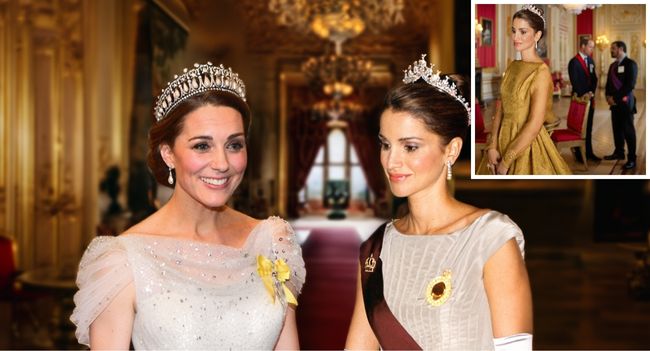 Under the glittering vaults of Windsor Castle, two royal worlds met in a moment that looked more like legend than reality. Princess Catherine appeared in liquid silver, her gown catching every shard of light beneath the weight of the Delhi Durbar Tiara — a £10 million relic once worn by queens who shaped empires. Opposite her, Princess Rajwa of Jordan glowed in gold, crowned with Queen Noor’s diamond tiara, a national treasure of Hashemite history worth over £5 million. Side-by-side, the two women stood as living emblems of legacy — British tradition facing Jordanian grace, each powerful in a different register. Beside them, Prince William and Crown Prince Al Hussein embodied the quiet diplomacy beneath the spectacle — two heirs, two futures, one message of alliance. But for all the grandeur, the moment that people are still talking about was not the jewels, nor the protocol… it was the split-second exchange between Catherine and Rajwa — a silent, unguarded look that witnesses say changed the tone of the room, and may mean more than anyone yet realises Under the glittering vaults of Windsor Castle, two royal worlds met in a moment that looked more like legend than reality. Princess Catherine appeared in liquid silver, her gown catching every shard of light beneath the weight of the Delhi Durbar Tiara — a £10 million relic once worn by queens who shaped empires. Opposite her, Princess Rajwa of Jordan glowed in gold, crowned with Queen Noor’s diamond tiara, a national treasure of Hashemite history worth over £5 million. Side-by-side, the two women stood as living emblems of legacy — British tradition facing Jordanian grace, each powerful in a different register. Beside them, Prince William and Crown Prince Al Hussein embodied the quiet diplomacy beneath the spectacle — two heirs, two futures, one message of alliance. But for all the grandeur, the moment that people are still talking about was not the jewels, nor the protocol… it was the split-second exchange between Catherine and Rajwa — a silent, unguarded look that witnesses say changed the tone of the room, and may mean more than anyone yet realises