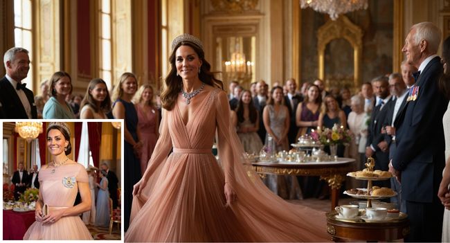 STEAL THE STAGE! Duchess Catherine just redefined royal glamour! At tea at Buckingham Palace, every eye in the room — and on the internet — was on her.Duchess Catherine stepped out in a shimmering blush-pink Jenny Packham gown, the kind of dress that sparkles like champagne under the palace lights. But it wasn’t just the gown turning heads — it was the Queen’s iconic jewels, gleaming with royal history, that made her shine like pure majesty. Graceful, confident, and radiant, Catherine floated through the grand hall like she was born for the spotlight — elegant but bold, classic yet unexpectedly sexy. The gown hugged just right, the diamonds glistened, and that signature smile? Simply luminous. Guests may have come for tea, but let’s be honest — they stayed for Catherine. Every photo, every angle, every sparkle told the same story: the Duchess didn’t just attend this royal tea… she stole the stage