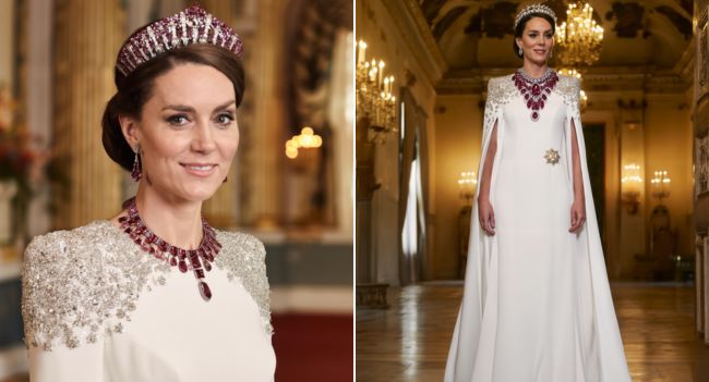 ROYAL PERFECTION PERSONIFIED! Oh. My. Goodness. Last night, HRH Princess Catherine absolutely mesmerized the world at the State Dinner — stepping out like pure royalty in a sparkling white gown that shimmered like starlight itself. But what truly left everyone speechless? That oversized ruby and diamond necklace — a breathtaking heirloom once worn by the late Queen, glistening with history, elegance, and power. Every camera flash, every glance in the room told the same story: Catherine has arrived. Her grace, her poise, and her quiet confidence outshone even the chandeliers of Windsor Castle. And let’s be honest — not even Queen Camilla could dream of wearing something this iconic. This wasn’t just a necklace… it was a crown in disguise, a reminder of legacy, love, and the timeless glamour of true royalty. The world can’t stop talking. The press is in awe. And fans everywhere are calling her look “one of the most dazzling royal moments of the decade.” If elegance had a face, it would be Princess Catherine, standing tall in white, wrapped in the jewels of history — glowing like the Queen she was always meant to be ROYAL PERFECTION PERSONIFIED! Oh. My. Goodness. Last night, HRH Princess Catherine absolutely mesmerized the world at the State Dinner — stepping out like pure royalty in a sparkling white gown that shimmered like starlight itself. But what truly left everyone speechless? That oversized ruby and diamond necklace — a breathtaking heirloom once worn by the late Queen, glistening with history, elegance, and power. Every camera flash, every glance in the room told the same story: Catherine has arrived. Her grace, her poise, and her quiet confidence outshone even the chandeliers of Windsor Castle. And let’s be honest — not even Queen Camilla could dream of wearing something this iconic. This wasn’t just a necklace… it was a crown in disguise, a reminder of legacy, love, and the timeless glamour of true royalty. The world can’t stop talking. The press is in awe. And fans everywhere are calling her look “one of the most dazzling royal moments of the decade.” If elegance had a face, it would be Princess Catherine, standing tall in white, wrapped in the jewels of history — glowing like the Queen she was always meant to be