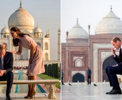 “Tears at the Taj.” What should have been a simple photo became something far heavier. On the same marble bench where Princess Diana once sat in lonely silence, Prince William stopped — and the past visibly caught up with him. Cameras captured the moment he reached for his face, wiping his eyes before shielding himself behind sunglasses… not from the blazing sun, witnesses said, but from a memory that still burns. The atmosphere shifted instantly. Even bystanders fell quiet. “He wasn’t just paying tribute,” one onlooker murmured. “He was reliving her.” For William, this was not a media stop — it was a return to the exact place where his mother’s private pain became public record. And just as his composure slipped, Catherine leaned in and whispered something soft and steady — nine words that brought him back, and left everyone wondering what she said “Tears at the Taj.” What should have been a simple photo became something far heavier. On the same marble bench where Princess Diana once sat in lonely silence, Prince William stopped — and the past visibly caught up with him. Cameras captured the moment he reached for his face, wiping his eyes before shielding himself behind sunglasses… not from the blazing sun, witnesses said, but from a memory that still burns. The atmosphere shifted instantly. Even bystanders fell quiet. “He wasn’t just paying tribute,” one onlooker murmured. “He was reliving her.” For William, this was not a media stop — it was a return to the exact place where his mother’s private pain became public record. And just as his composure slipped, Catherine leaned in and whispered something soft and steady — nine words that brought him back, and left everyone wondering what she said