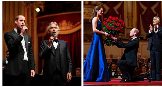 Royal Hearts Unplugged! Prince William’s Valentine’s Night Serenade Leaves the World Breathless — A Love Song, A Kneel, and Tears of Devotion from Princess Kate 💞🎤🌹 In a scene straight out of a royal fairytale, Prince William took center stage this Valentine’s evening — not as a future king, but as a man deeply in love. Performing a soul-stirring duet with legendary tenor Andrea Bocelli, William unveiled “Always Yours,” a song he personally wrote as a timeless love letter to his wife, Princess Catherine.  As the final notes faded, the audience gasped — William dropped to one knee, offering Kate a bouquet of radiant red roses symbolizing their eternal bond. But it wasn’t just the gesture that stole hearts — it was his words. In eight heartfelt confessions shared live on stage, the Prince bared his soul, speaking of love, loyalty, and gratitude in a way the world has never heard before.  Overcome with emotion, Princess Kate wept openly, her tears shimmering beneath the spotlight as the crowd rose in thunderous applause. Royal watchers are calling it “the most romantic moment in modern royal history.” One fan gushed, “This wasn’t duty — it was destiny. William and Kate just redefined royal love.”