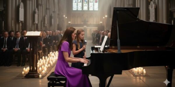 “On what would have been Princess Diana’s 64th birthday, her legacy came alive in a child’s fragile voice.” St. James’s Chapel glowed with candlelight. Rain tapped the windows like falling tears. At the piano, Catherine played Your Song. Beside her, Charlotte clutched a white rose, whispering: “Happy birthday, Grandma.” The crowd froze. No crown, no protocol could touch the rawness of that instant — a child reaching across time. Candlelight caught Diana’s portrait. And some swore they saw it — her smile, tender and proud. No speeches. No official tributes. Just a girl, a song, and a whisper that brought the world to tears.