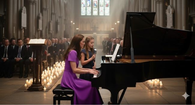 “On what would have been Princess Diana’s 64th birthday, her legacy came alive in a child’s fragile voice.” St. James’s Chapel glowed with candlelight. Rain tapped the windows like falling tears. At the piano, Catherine played Your Song. Beside her, Charlotte clutched a white rose, whispering: “Happy birthday, Grandma.” The crowd froze. No crown, no protocol could touch the rawness of that instant — a child reaching across time. Candlelight caught Diana’s portrait. And some swore they saw it — her smile, tender and proud. No speeches. No official tributes. Just a girl, a song, and a whisper that brought the world to tears.