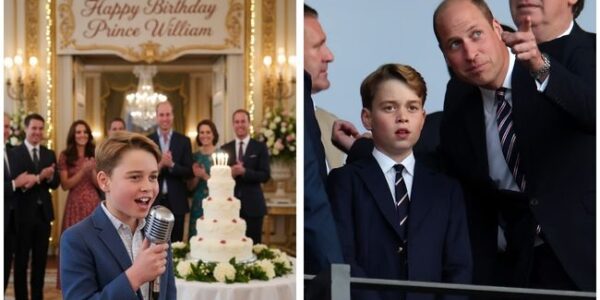 “Dad, This Song Is for You” — Prince George Stops Time at Prince William’s Birthday Banquet  It was meant to be a quiet family celebration, surrounded by candlelight and laughter beneath the ancient oaks of Windsor Castle. But as twilight fell, no one expected the evening to end in tears of love. Prince George, with nerves and pride flickering across his face, stepped onto a small stage. He squeezed Princess Catherine’s hand, lifted the microphone, and the first notes of “You Raise Me Up” gently filled the air. His voice, soft and trembling, carried the purest of emotions—so raw, so sincere. Prince William sat motionless, his eyes glistening, as his son’s song echoed through the garden. It wasn’t rehearsed or polished, but it was perfect. By the chorus, even the flickering candles seemed to sway in rhythm with the moment. When George finished, a deep silence fell over the garden before William rose, pulling his son into a tight embrace, whispering words only a father could say. That night, there were no titles, no thrones—only love. And in that one perfect moment, a prince became just a dad, and the royal garden became a heartbeat.