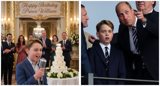 “Dad, This Song Is for You” — Prince George Stops Time at Prince William’s Birthday Banquet  It was meant to be a quiet family celebration, surrounded by candlelight and laughter beneath the ancient oaks of Windsor Castle. But as twilight fell, no one expected the evening to end in tears of love. Prince George, with nerves and pride flickering across his face, stepped onto a small stage. He squeezed Princess Catherine’s hand, lifted the microphone, and the first notes of “You Raise Me Up” gently filled the air. His voice, soft and trembling, carried the purest of emotions—so raw, so sincere. Prince William sat motionless, his eyes glistening, as his son’s song echoed through the garden. It wasn’t rehearsed or polished, but it was perfect. By the chorus, even the flickering candles seemed to sway in rhythm with the moment. When George finished, a deep silence fell over the garden before William rose, pulling his son into a tight embrace, whispering words only a father could say. That night, there were no titles, no thrones—only love. And in that one perfect moment, a prince became just a dad, and the royal garden became a heartbeat.